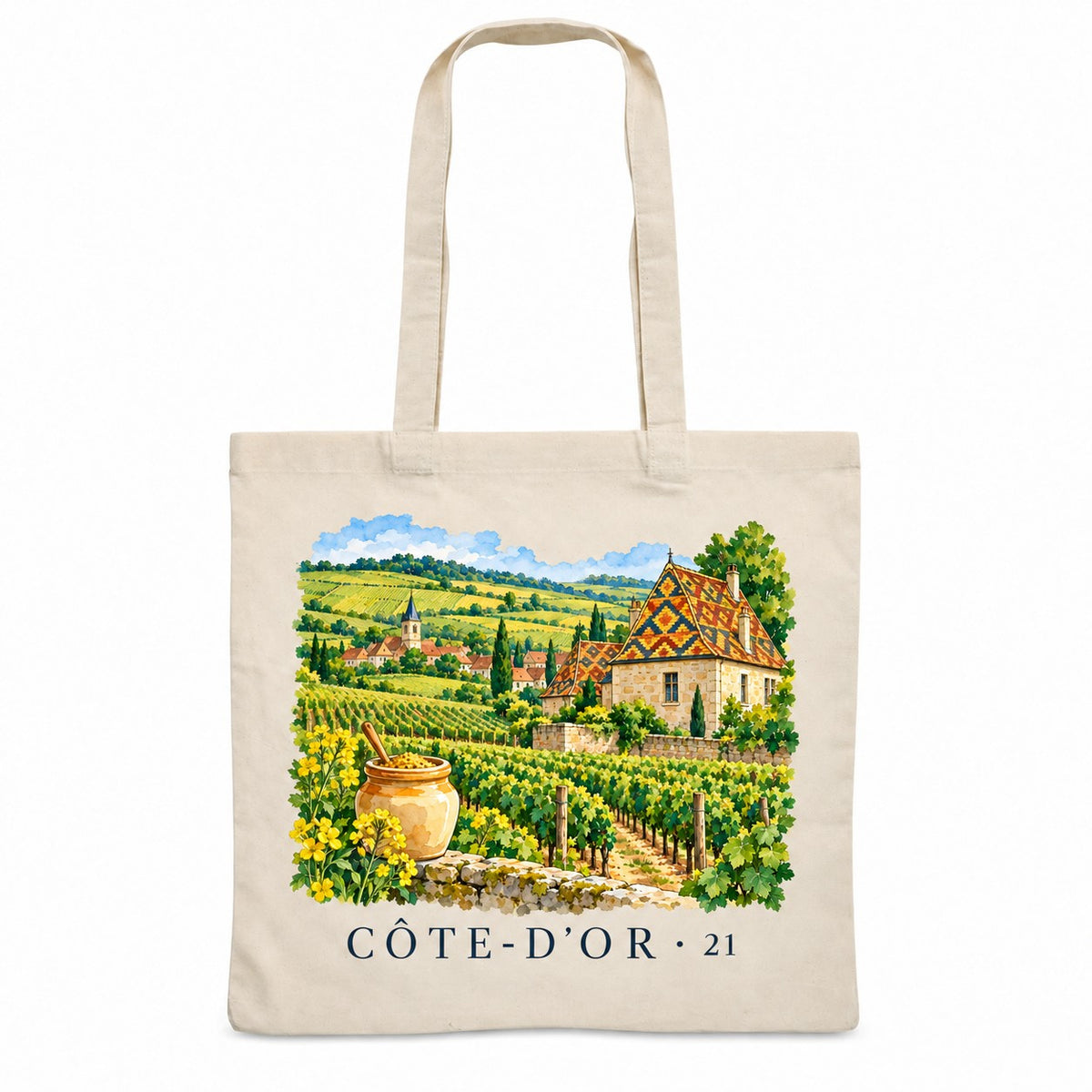 Tote bag Côte-d'Or (21) Essentiel, sac plat en coton naturel 140 g/m² de 38 × 42 cm, illustration aquarelle des vignes, d'un toit de tuiles vernissées et d'un pot de moutarde