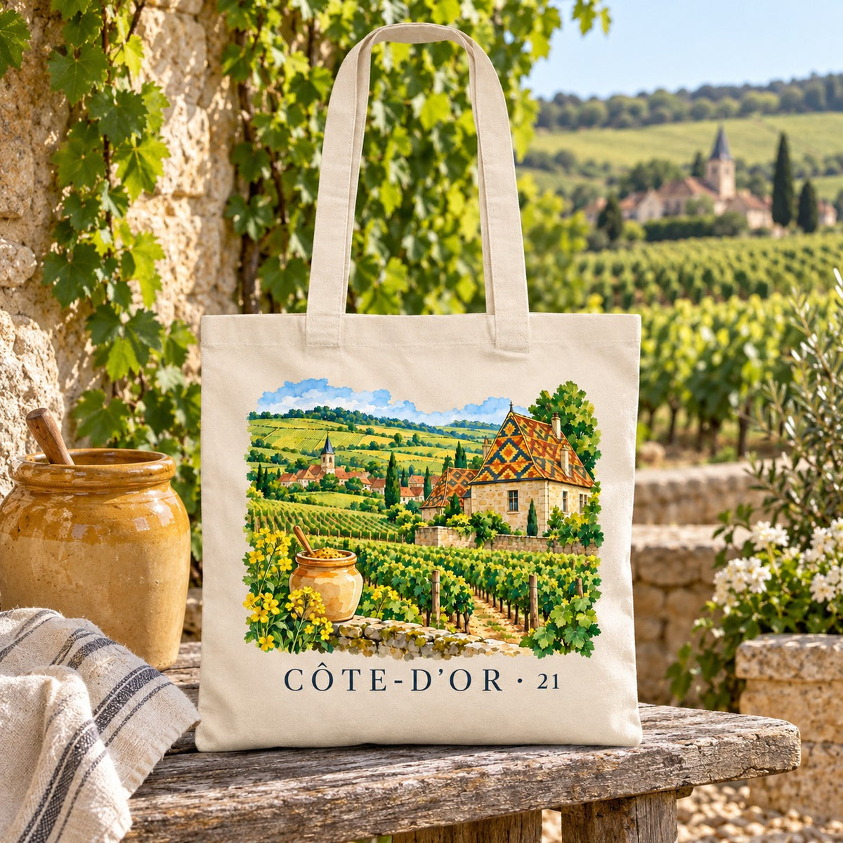 Tote bag Côte-d'Or (21) Essentiel posé sur un banc de bois, à côté d'un pot de moutarde en grès
