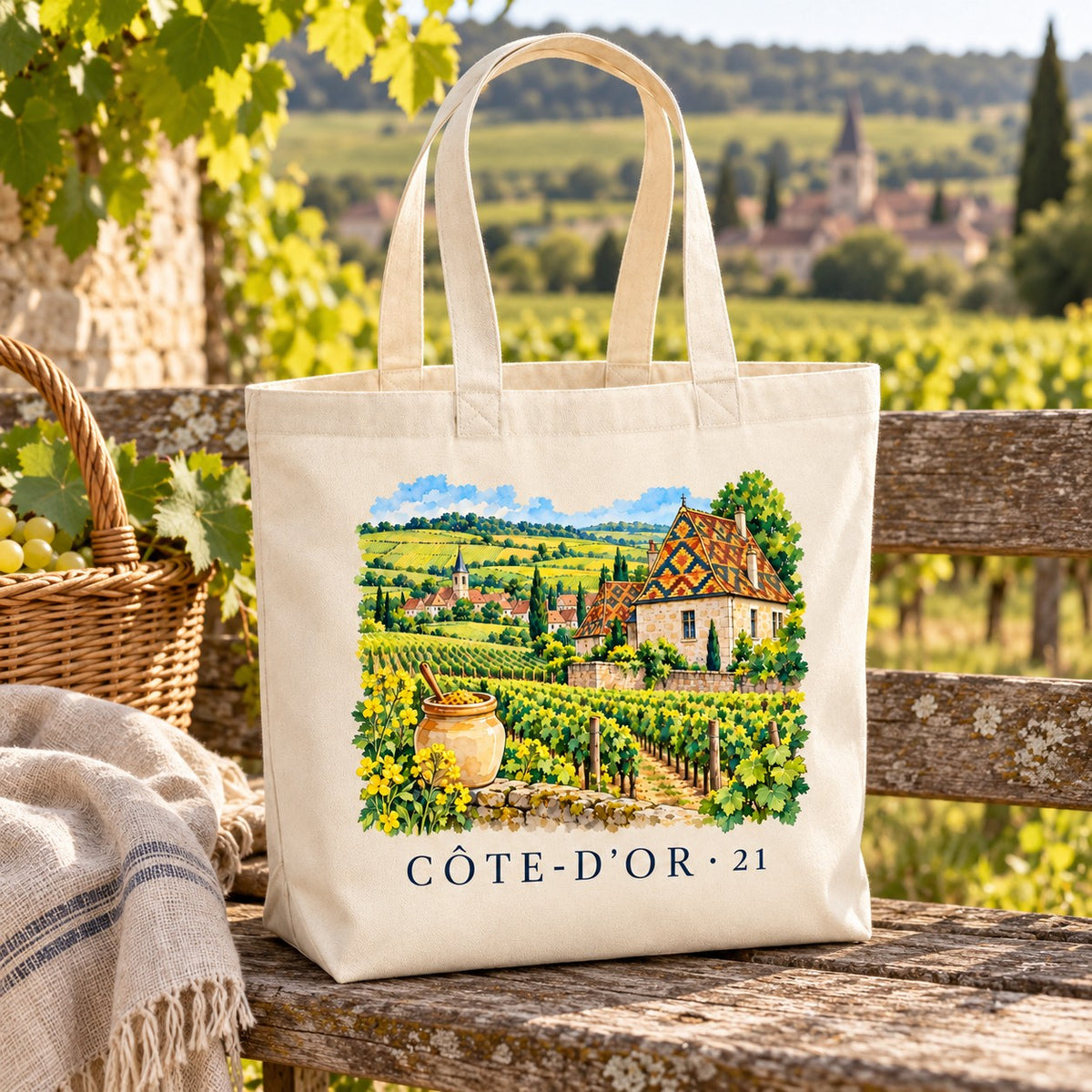 Tote bag Côte-d'Or (21) Premium posé sur un banc de bois, avec un panier de raisin et un plaid