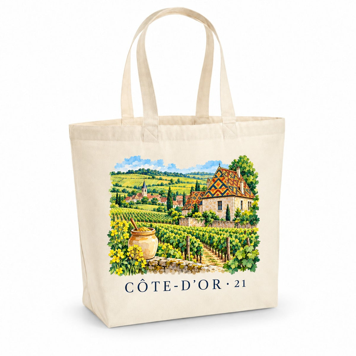 Tote bag Côte-d'Or (21) Premium, cabas à soufflet en coton naturel 200 g/m² de 18 litres, illustration aquarelle des vignes, d'un toit de tuiles vernissées et d'un pot de moutarde