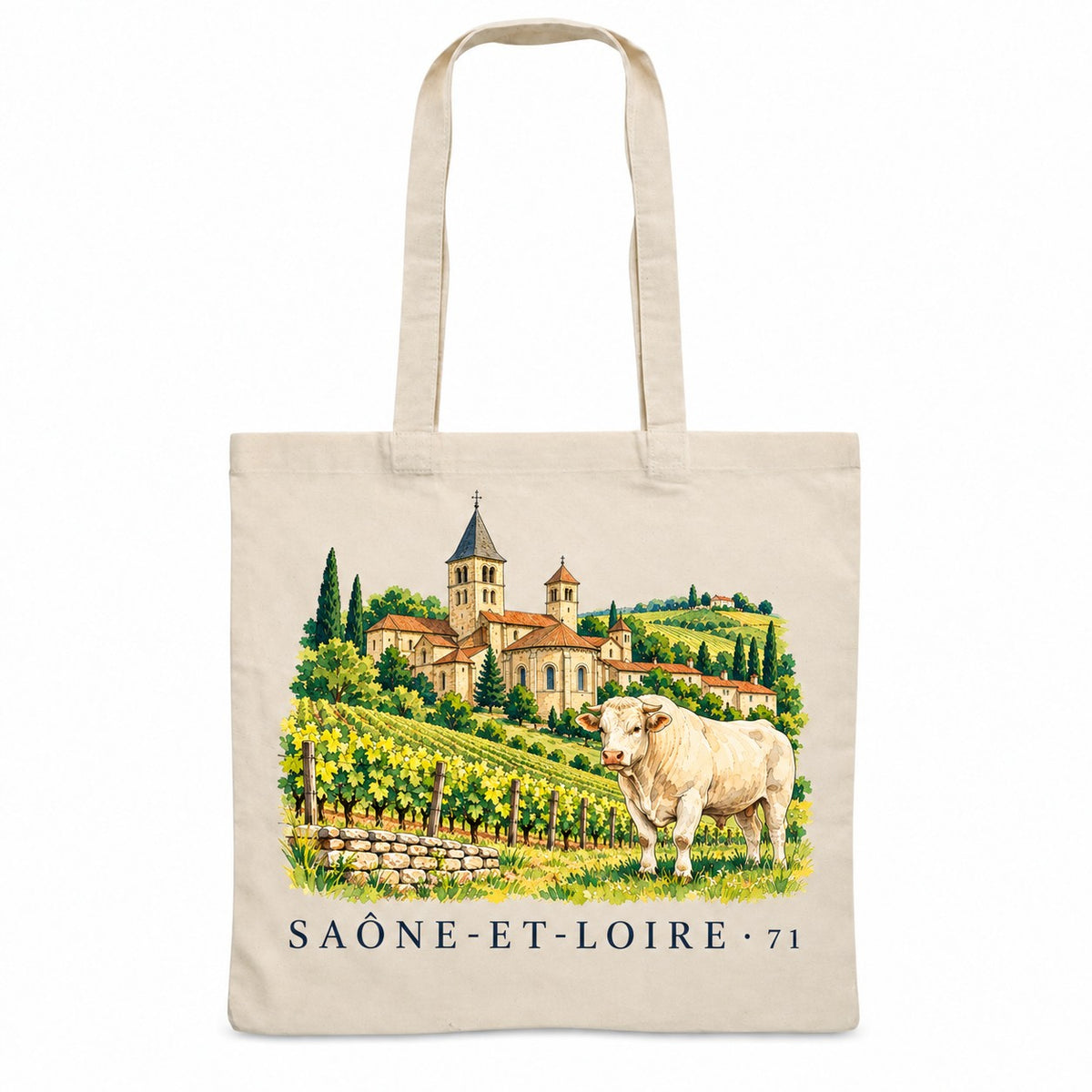 Tote bag Saône-et-Loire (71) Essentiel, sac plat en coton naturel 140 g/m² de 38 × 42 cm, illustration aquarelle d'une abbaye romane, des vignes et d'un bœuf charolais