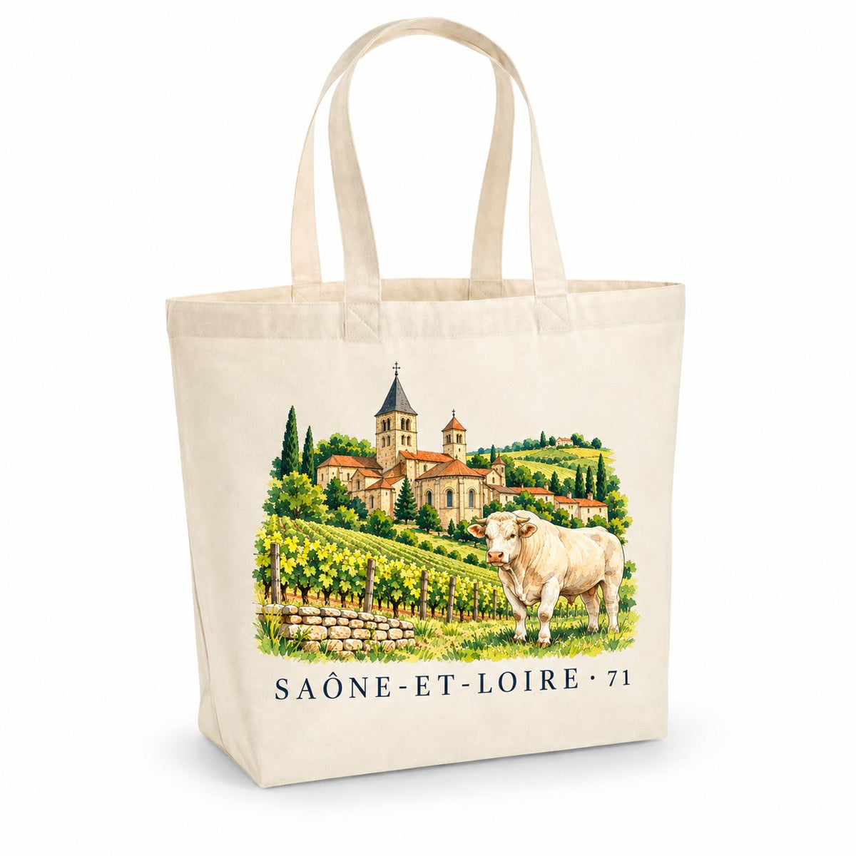 Tote bag Saône-et-Loire (71) Premium, cabas à soufflet en coton naturel 200 g/m² de 18 litres, illustration aquarelle d'une abbaye romane, des vignes et d'un bœuf charolais