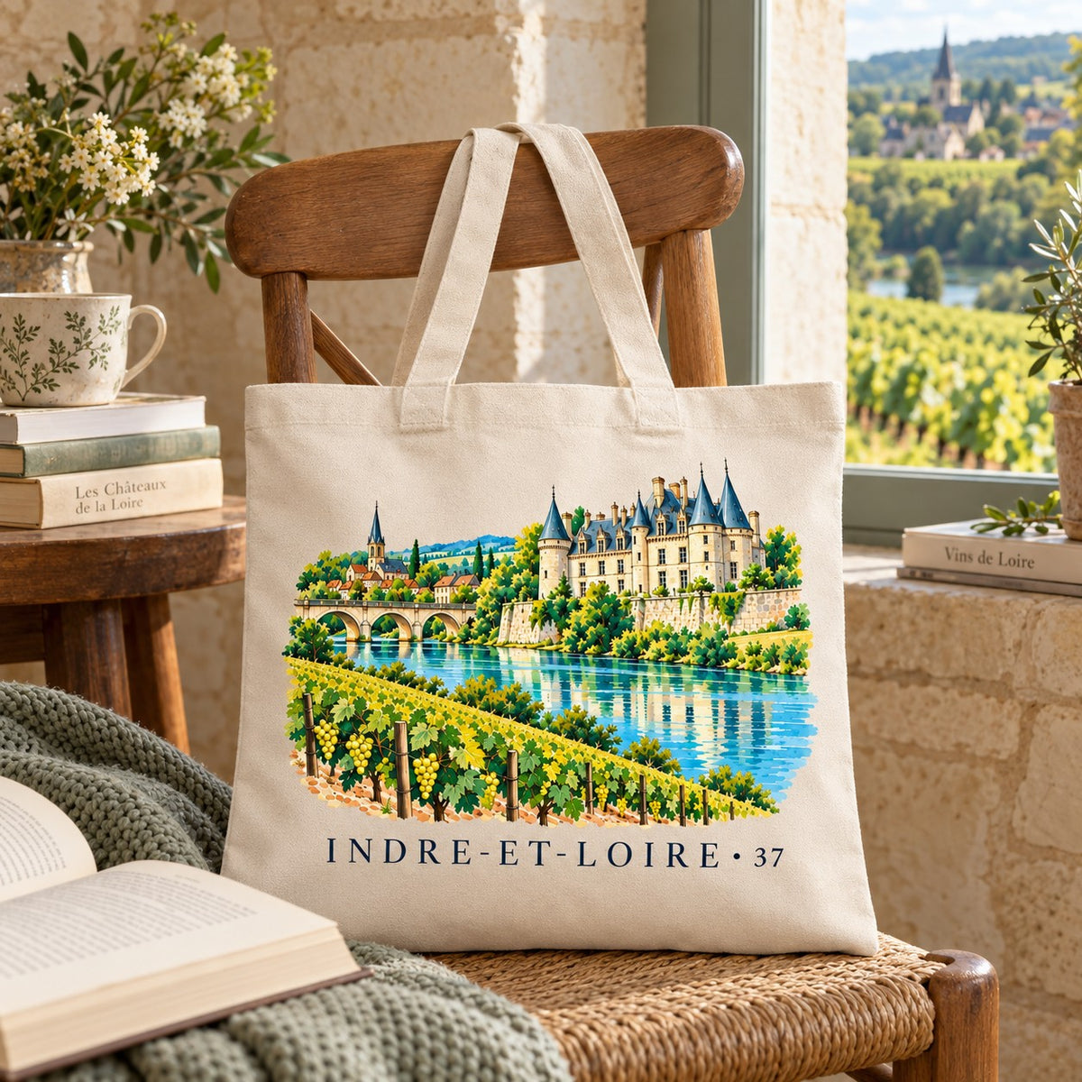 Tote bag Indre-et-Loire (37) Essentiel suspendu à une chaise près d'une fenêtre ouverte sur les vignes, avec des livres