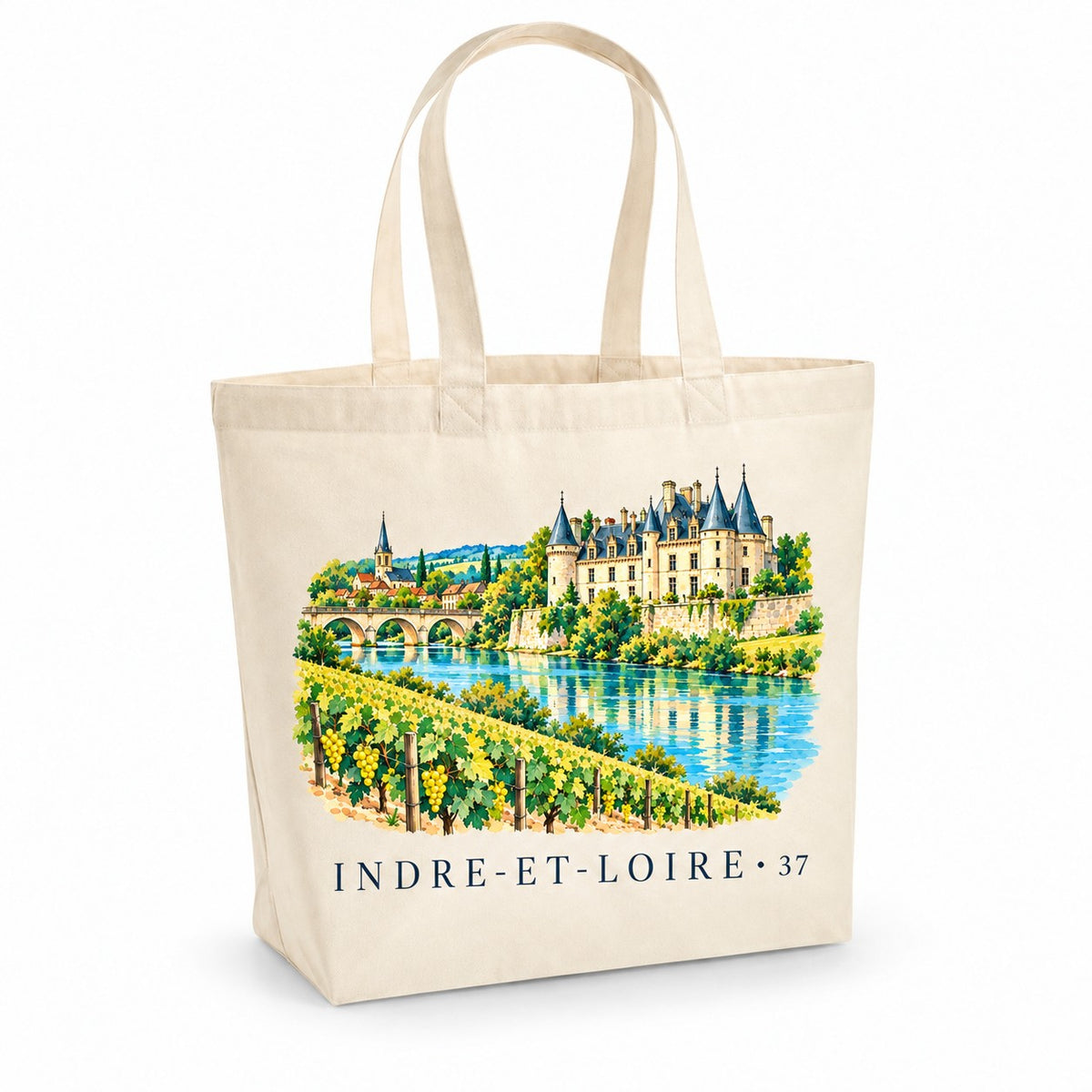 Tote bag Indre-et-Loire (37) Premium, cabas à soufflet en coton naturel 200 g/m² de 18 litres, illustration aquarelle d'un château de la Loire, du fleuve et des vignes