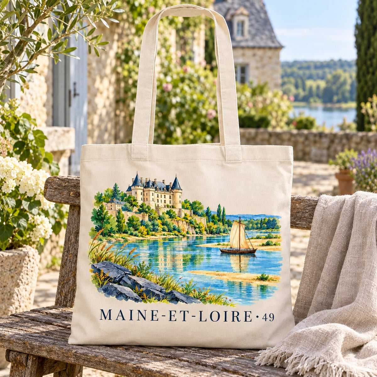 Tote bag Maine-et-Loire (49) Essentiel posé sur un banc dans un jardin face à la Loire, avec un plaid