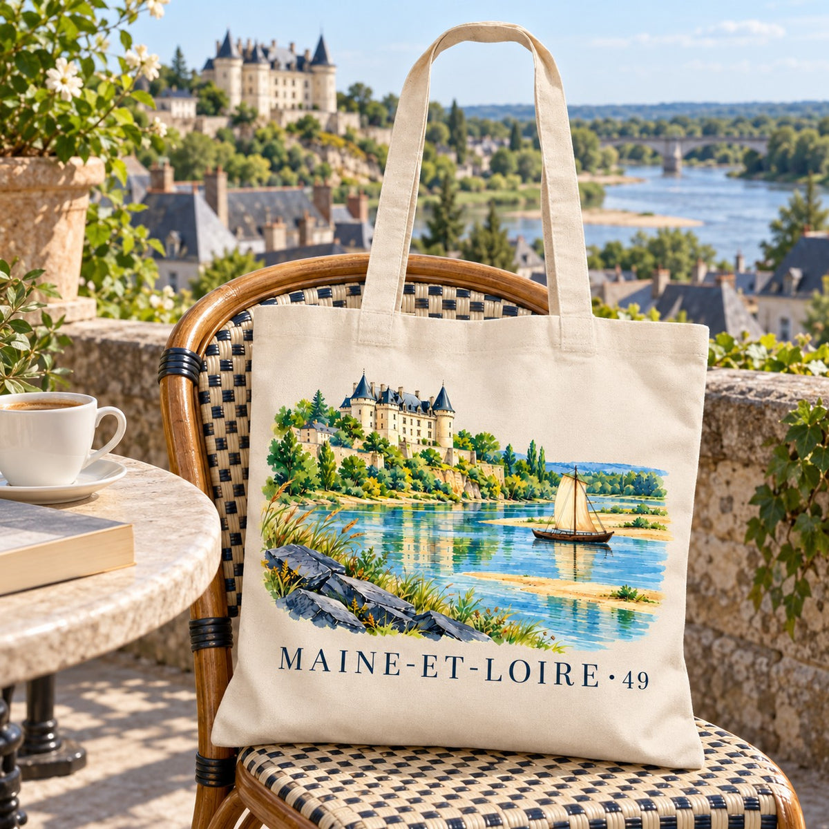 Tote bag Maine-et-Loire (49) Essentiel suspendu à un fauteuil bistrot en rotin en terrasse, avec un café et un livre