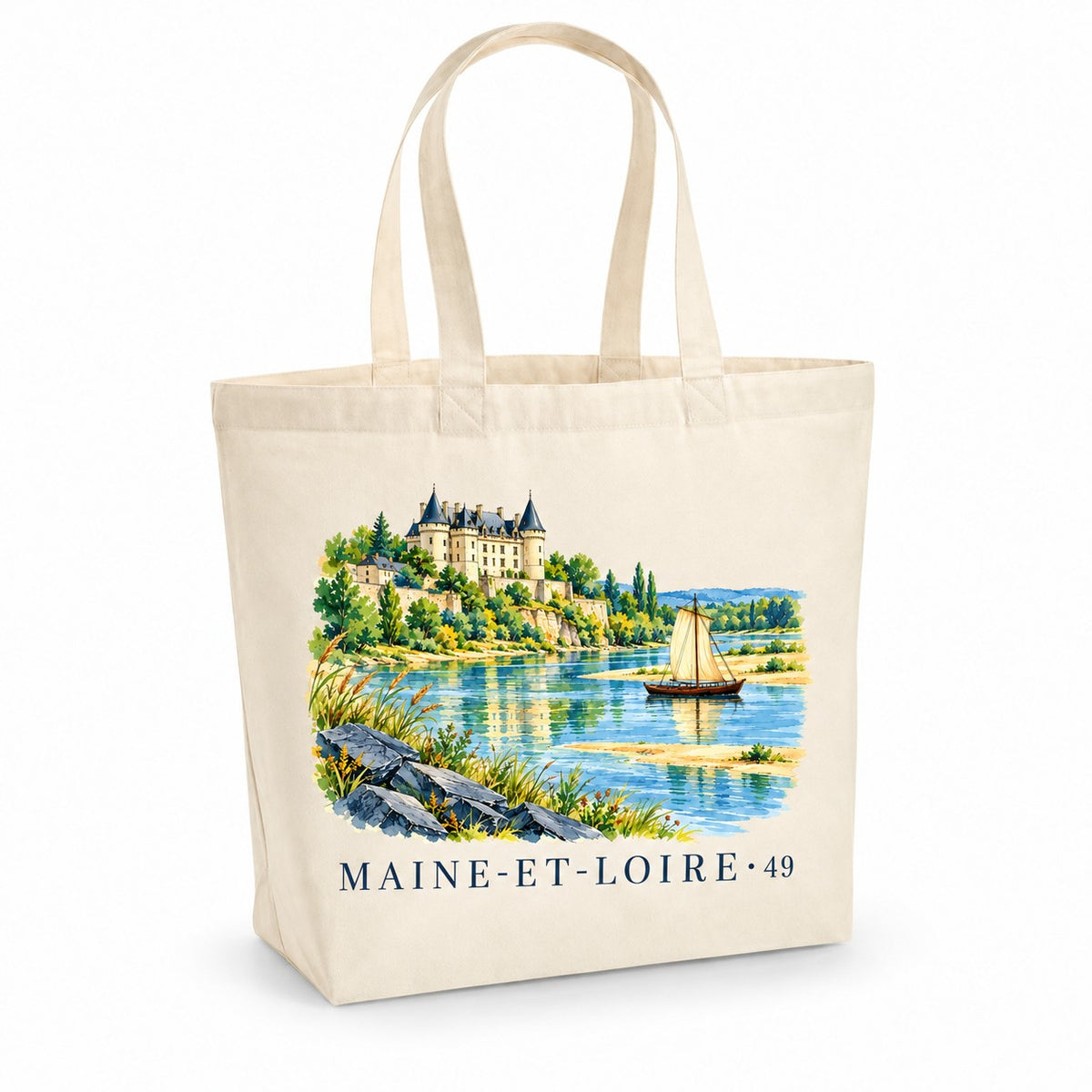 Tote bag Maine-et-Loire (49) Premium, cabas à soufflet en coton naturel 200 g/m² de 18 litres, illustration aquarelle d'un château dominant la Loire, d'une voile et des ardoises