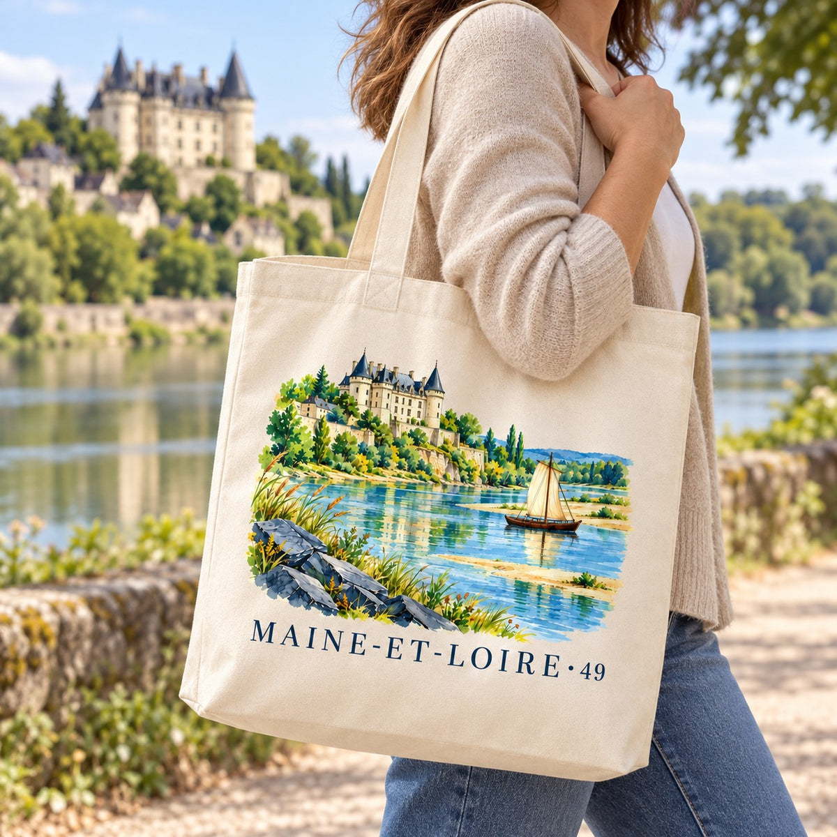 Tote bag Maine-et-Loire (49) Premium porté à l'épaule sur un chemin au bord de la Loire, château en arrière-plan