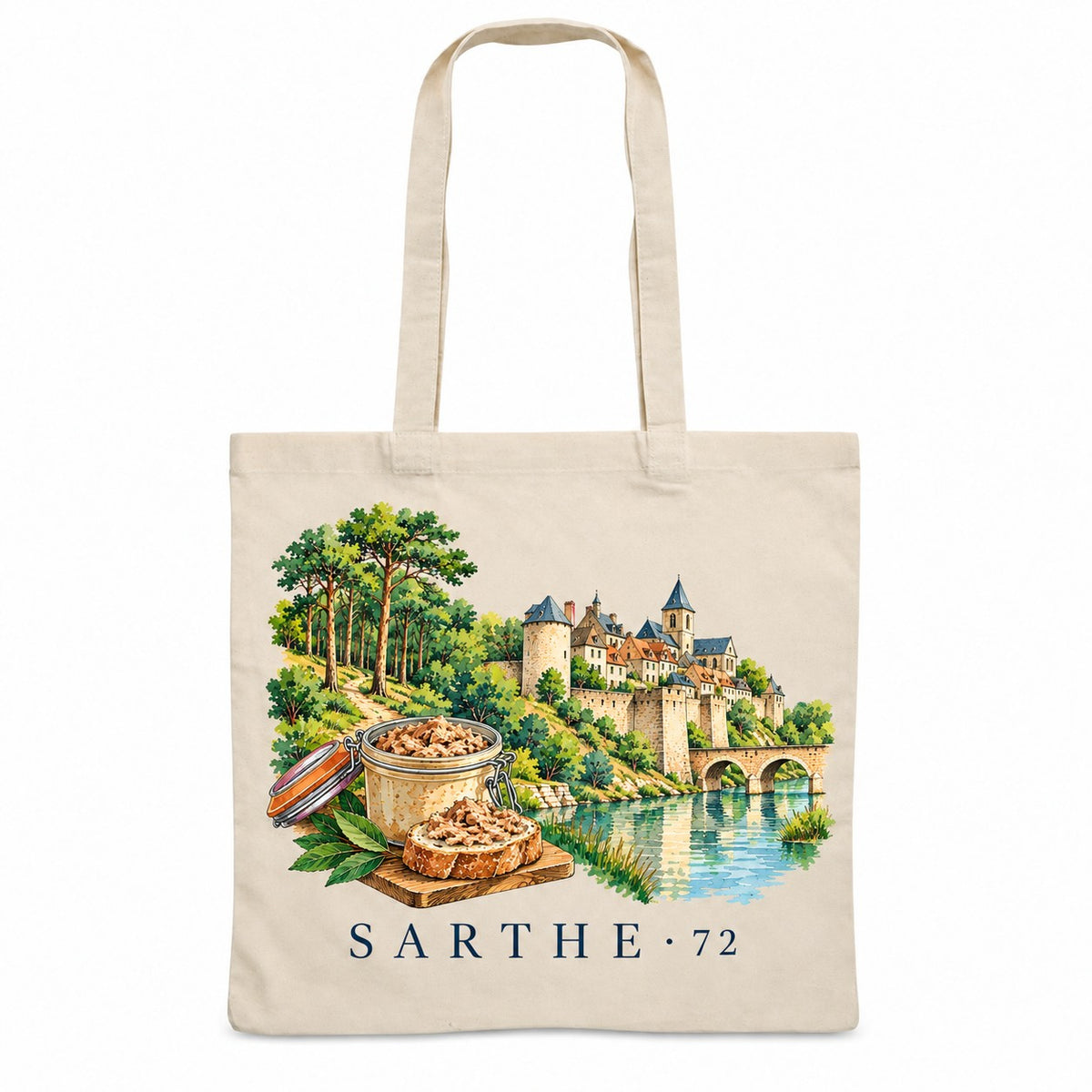 Tote bag Sarthe (72) Essentiel, sac plat en coton naturel 140 g/m² de 38 × 42 cm, illustration aquarelle d'une cité médiévale, de la rivière et d'un pot de rillettes