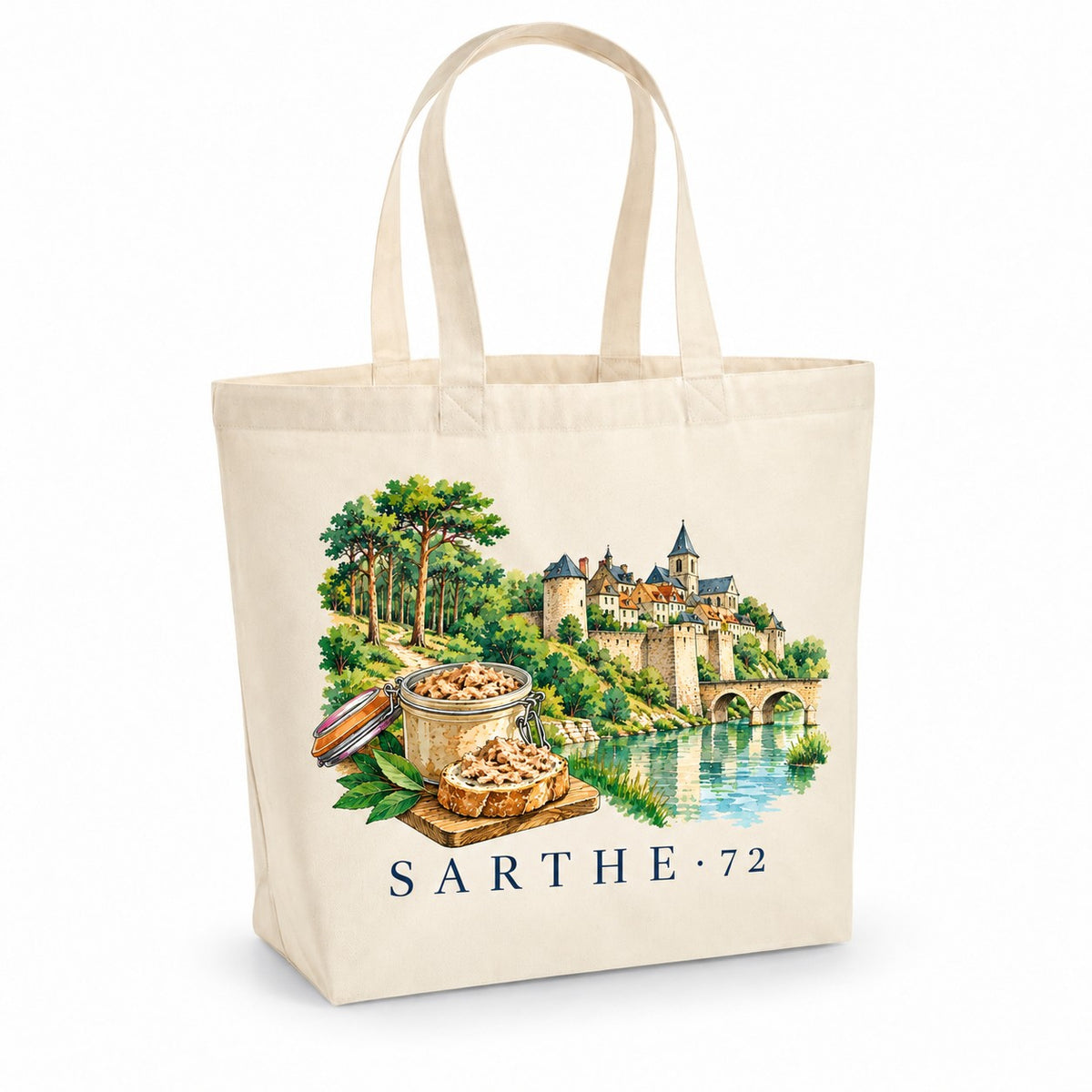 Tote bag Sarthe (72) Premium, cabas à soufflet en coton naturel 200 g/m² de 18 litres, illustration aquarelle d'une cité médiévale, de la rivière et d'un pot de rillettes