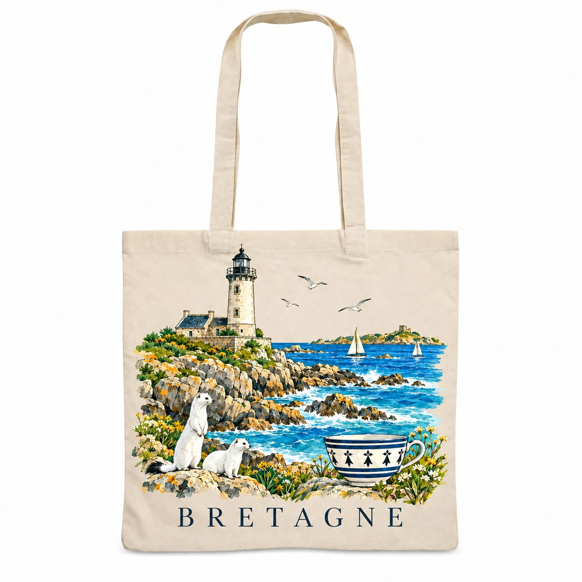Tote bag Bretagne Essentiel, sac plat en coton naturel 140 g/m² de 38 × 42 cm, illustration aquarelle d'un phare sur la côte de granit, de deux hermines et d'une bolée