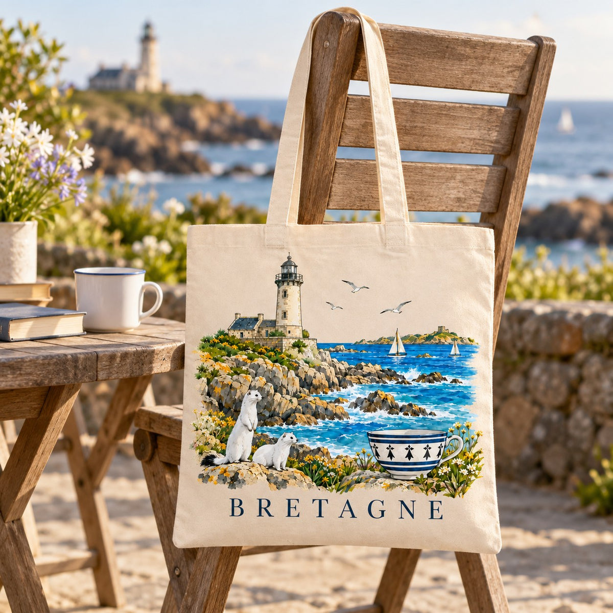 Tote bag Bretagne Essentiel suspendu à une chaise de bois en terrasse face à la mer