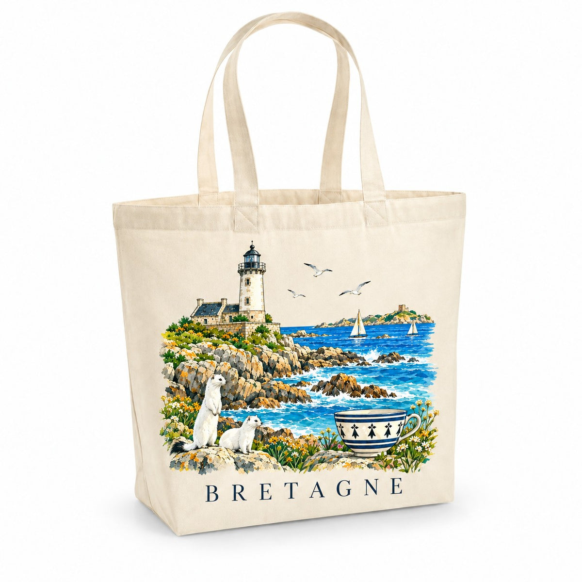 Tote bag Bretagne Premium, cabas à soufflet en coton naturel 200 g/m² de 18 litres, illustration aquarelle d'un phare sur la côte de granit, de deux hermines et d'une bolée