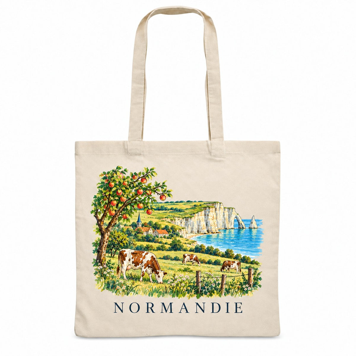 Tote bag Normandie Essentiel, sac plat en coton naturel 140 g/m² de 38 × 42 cm, illustration aquarelle d'un pommier, des vaches normandes et des falaises de craie