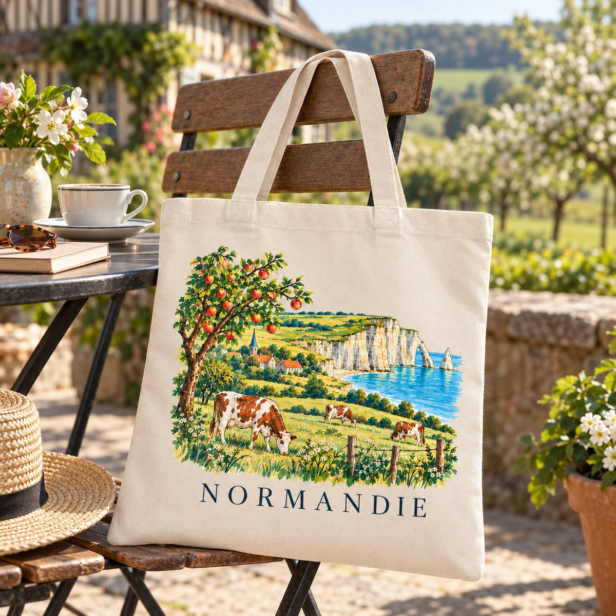 Tote bag Normandie Essentiel suspendu à une chaise en terrasse face au verger en fleurs