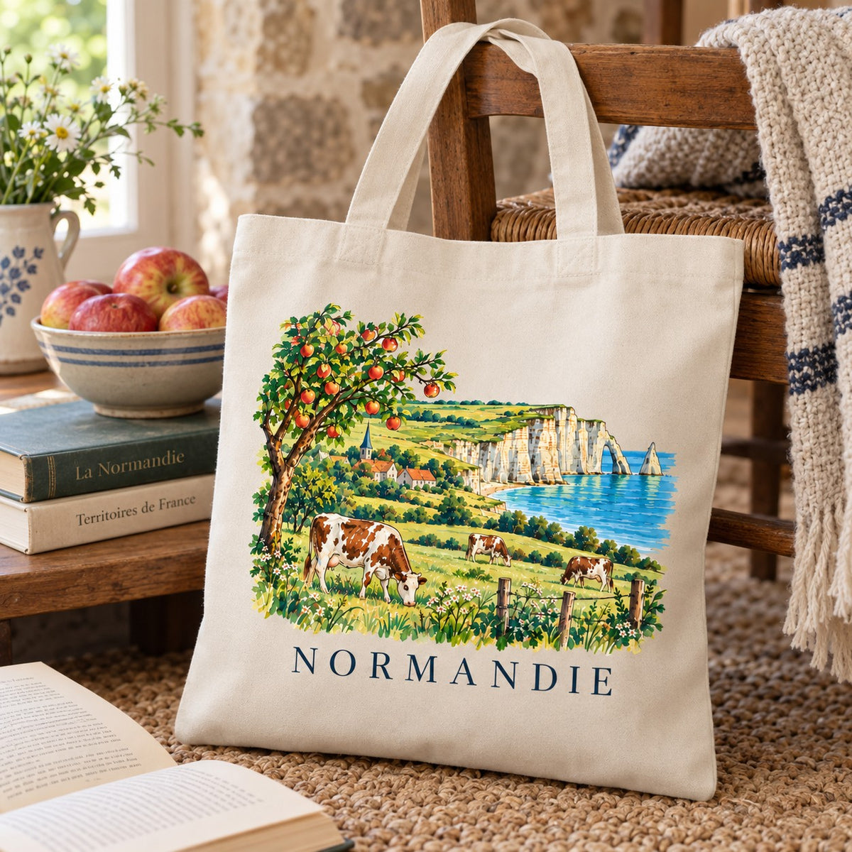 Tote bag Normandie Essentiel suspendu à une chaise dans une longère, près d'une coupe de pommes