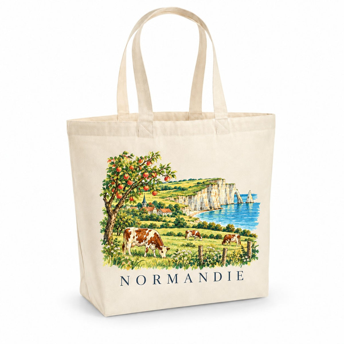 Tote bag Normandie Premium, cabas à soufflet en coton naturel 200 g/m² de 18 litres, illustration aquarelle d'un pommier, des vaches normandes et des falaises de craie