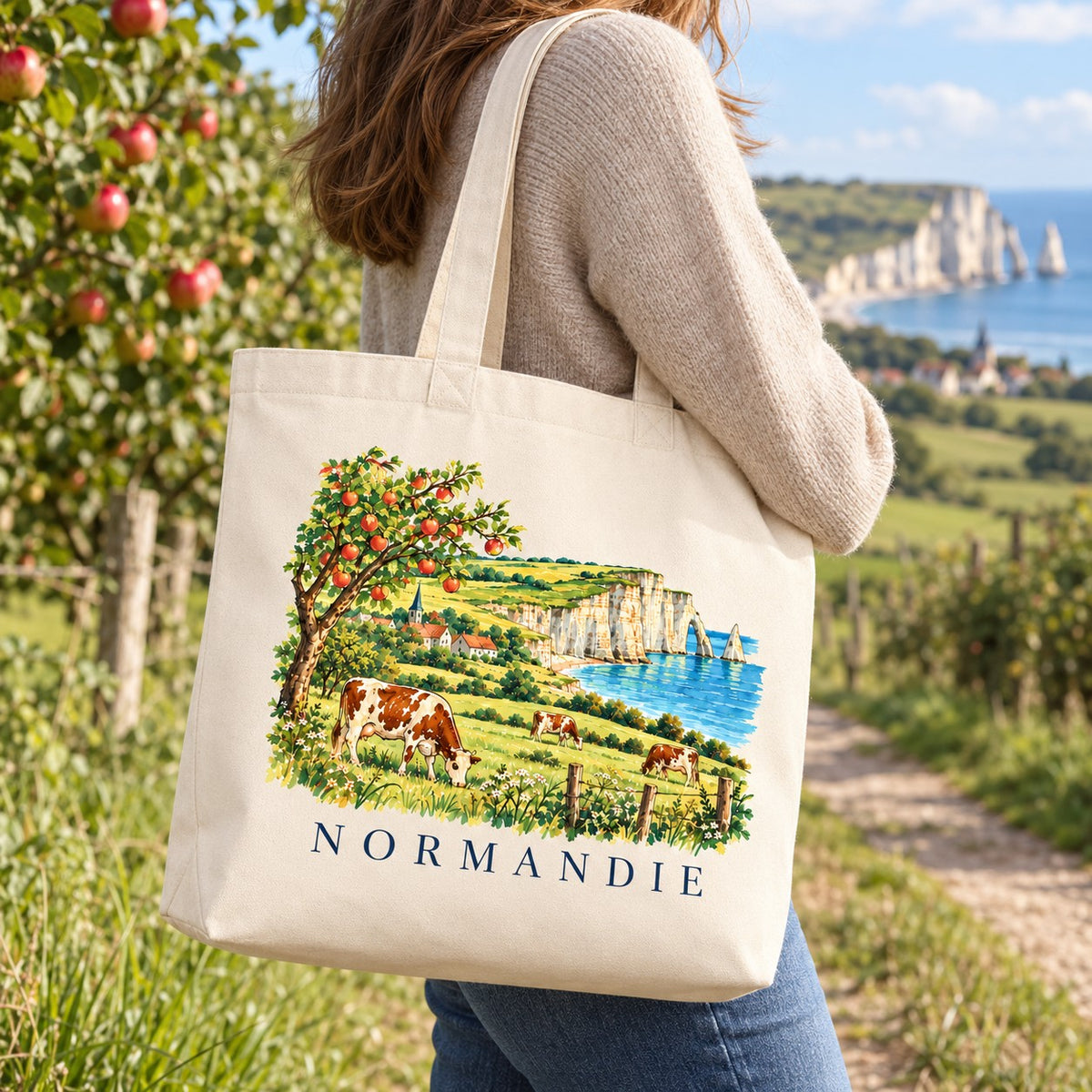 Tote bag Normandie Premium porté à l'épaule sur un chemin de verger, falaises en arrière-plan