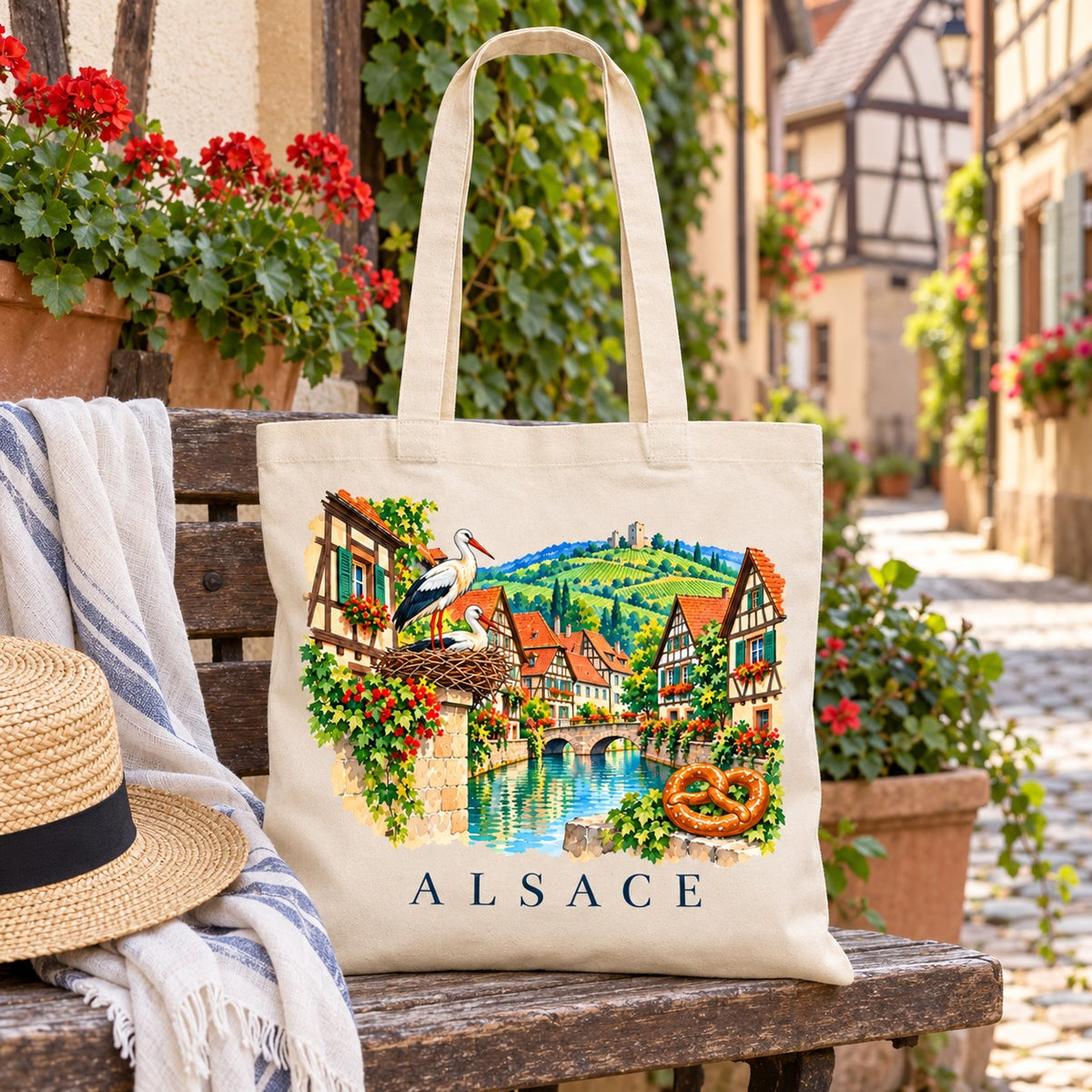 Tote bag Alsace Essentiel posé sur un banc dans une ruelle fleurie