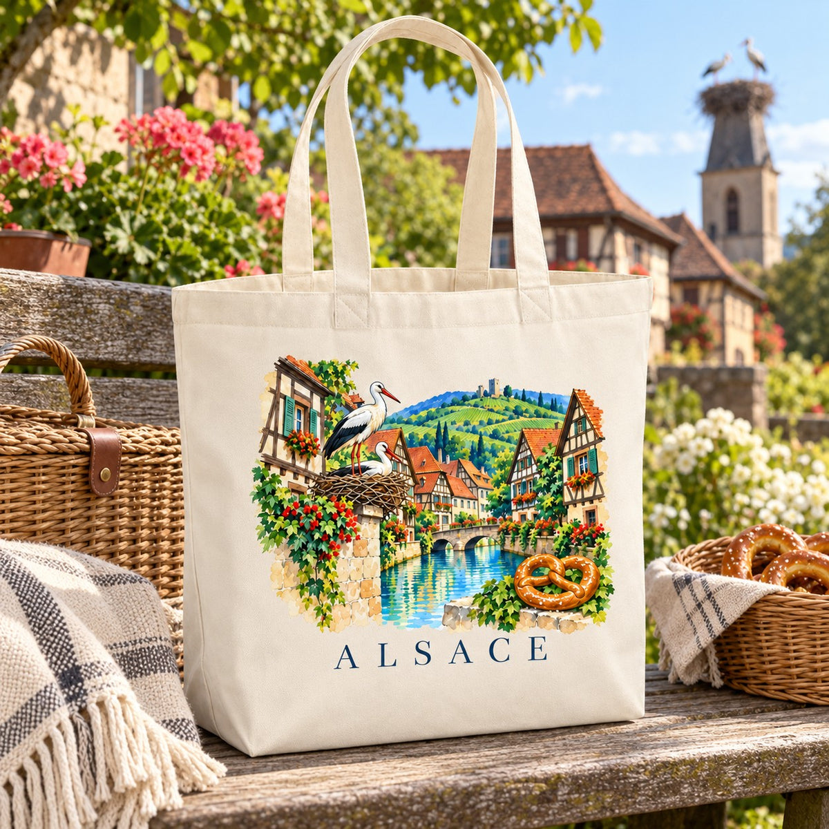 Tote bag Alsace Premium posé sur un banc à côté d'une corbeille de bretzels, sous un nid de cigognes