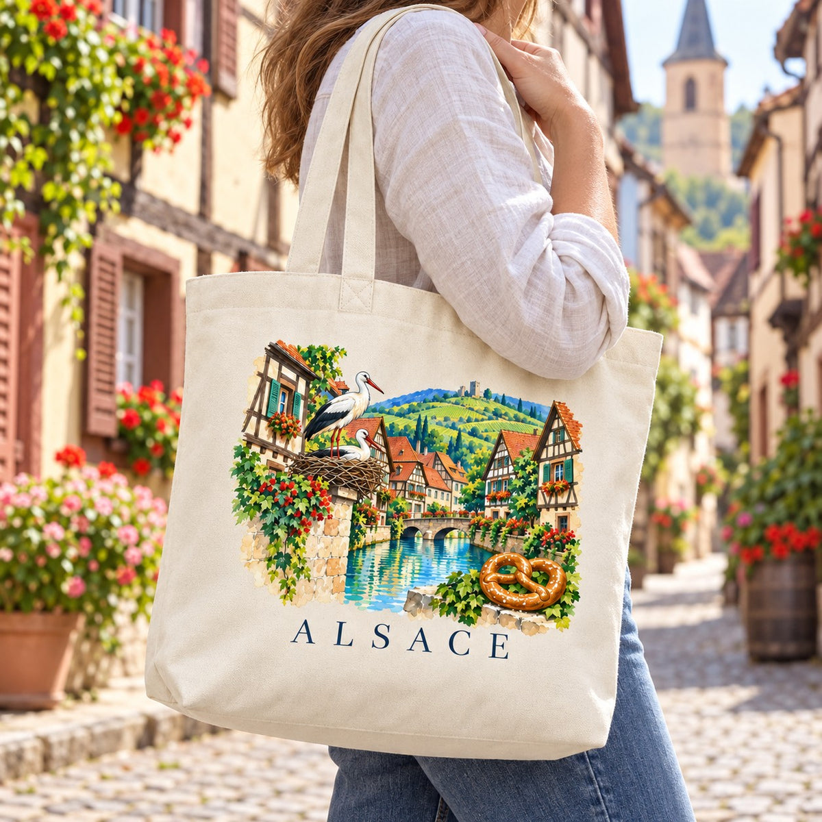Tote bag Alsace Premium porté à l'épaule dans une ruelle pavée et fleurie