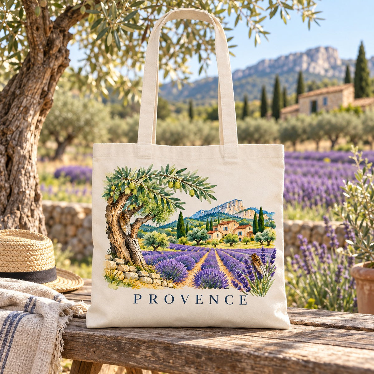 Tote bag Provence Essentiel posé sur un banc face aux champs de lavande