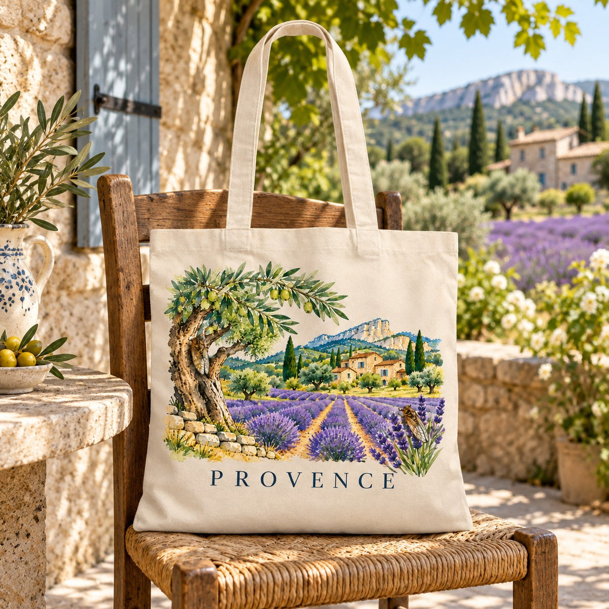 Tote bag Provence Essentiel suspendu à une chaise paillée devant le mas