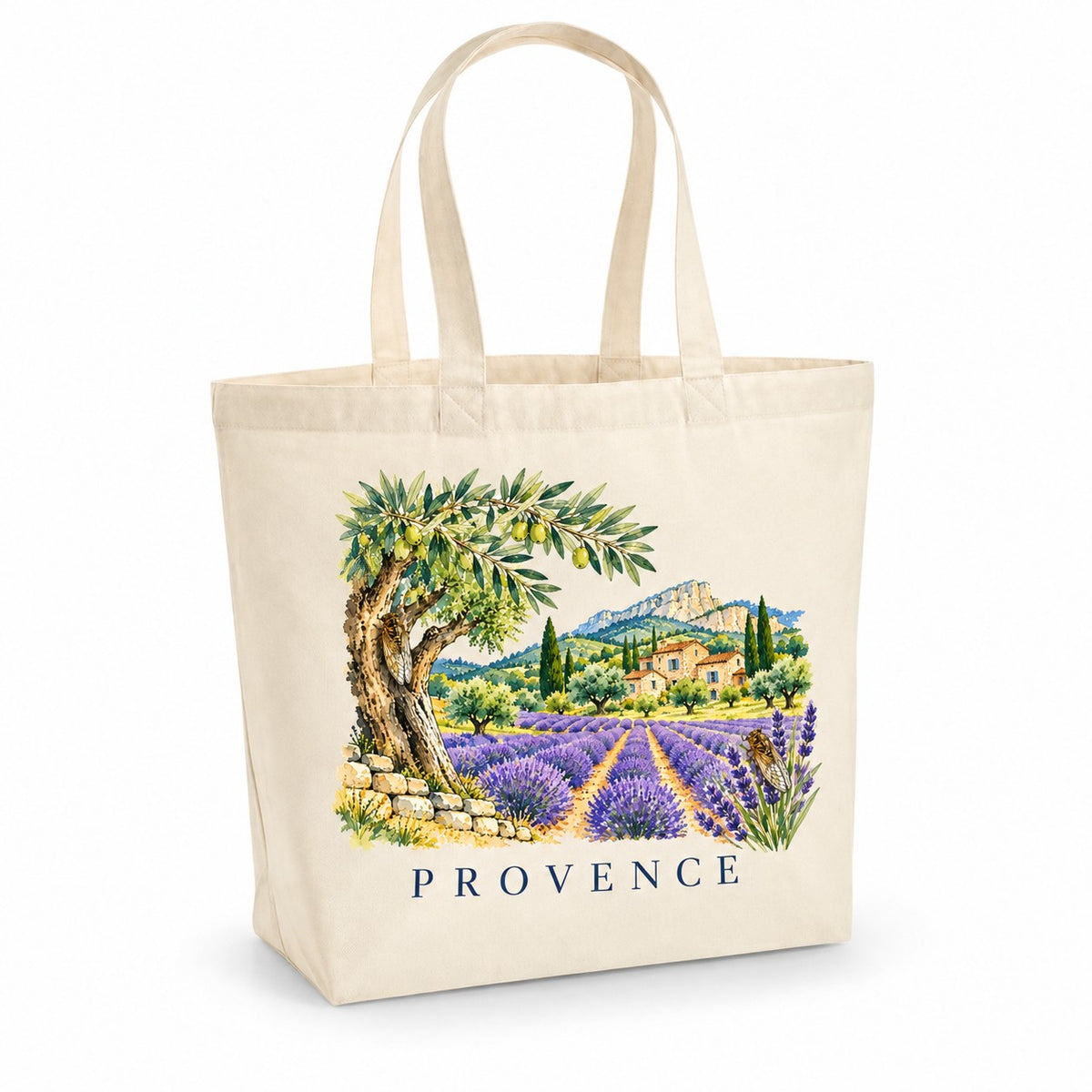 Tote bag Provence Premium, cabas à soufflet en coton naturel 200 g/m² de 18 litres, illustration aquarelle d'un vieil olivier, des champs de lavande et d'un mas