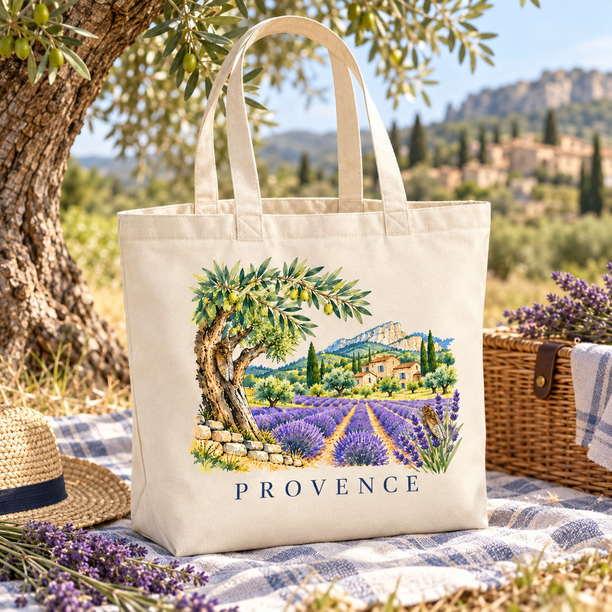 Tote bag Provence Premium posé sur un plaid au pied d'un olivier, avec un panier