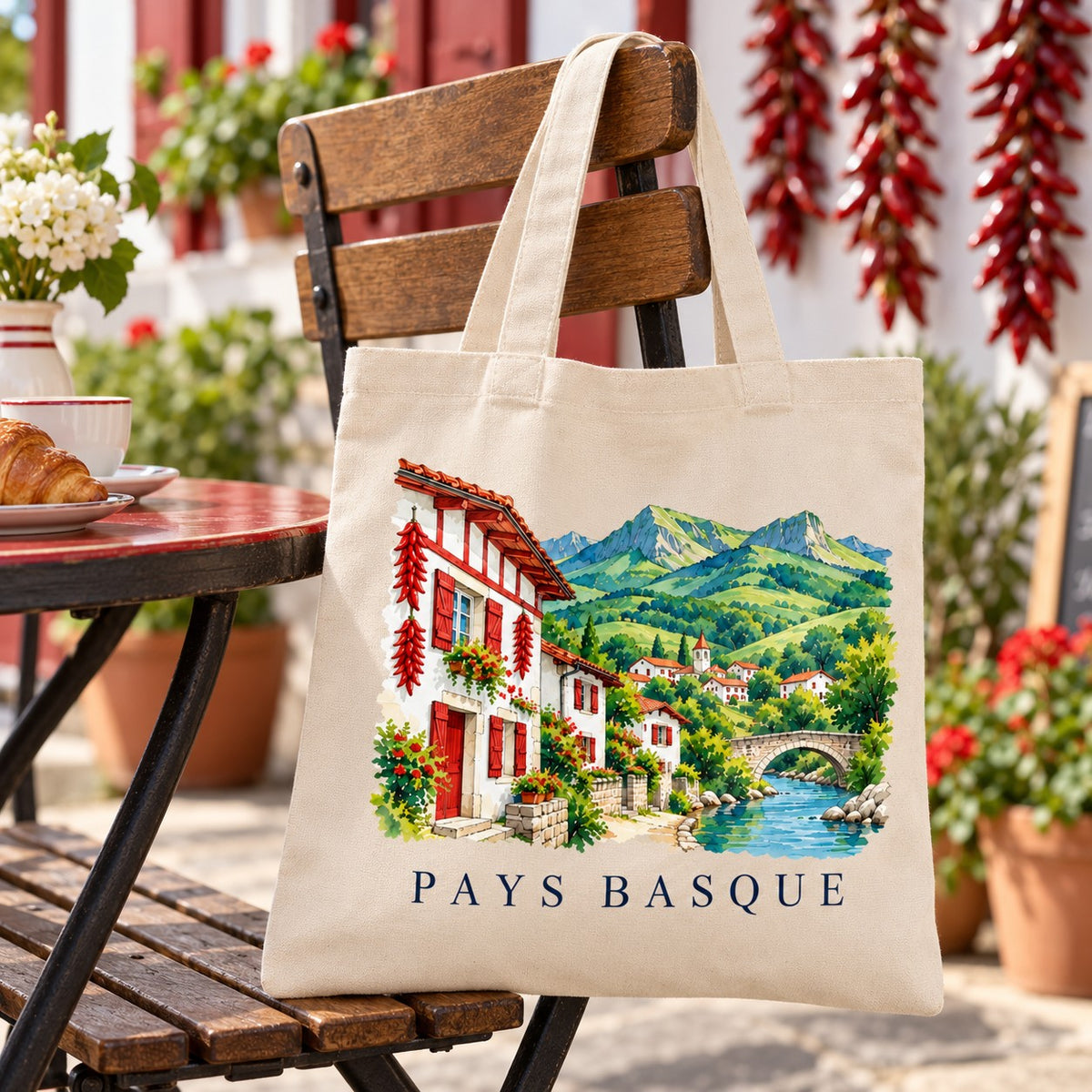 Tote bag Pays Basque Essentiel suspendu à une chaise en terrasse, sous des piments qui sèchent
