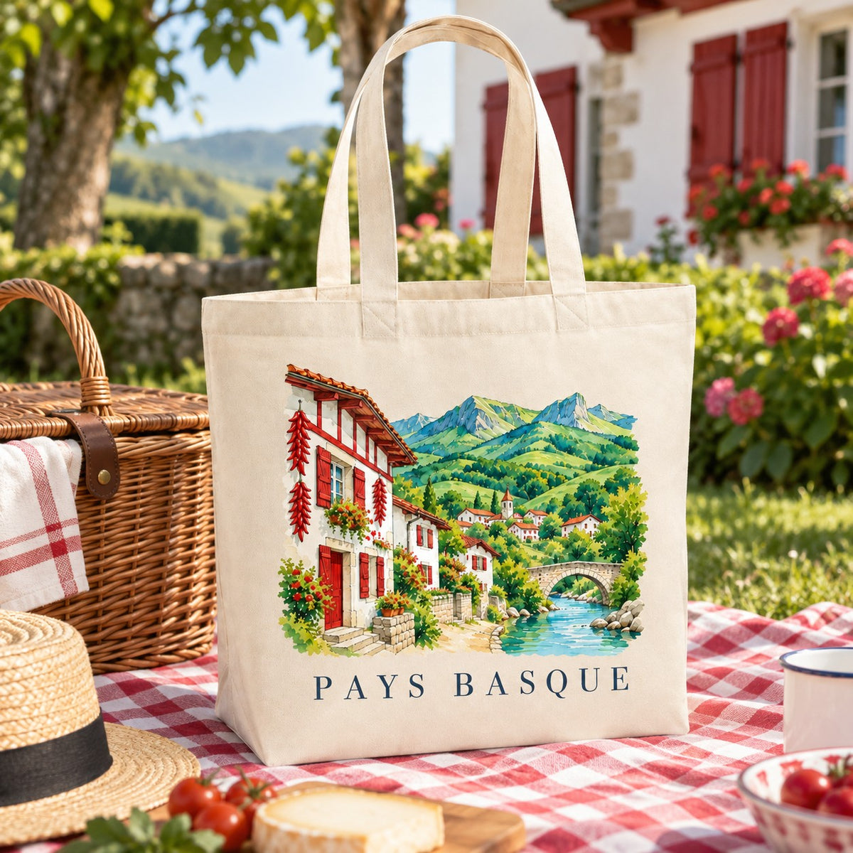 Tote bag Pays Basque Premium posé sur une nappe à carreaux rouges dans un jardin