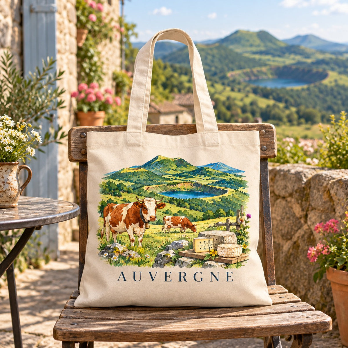Tote bag Auvergne Essentiel suspendu à une chaise de bois devant une maison de pierre