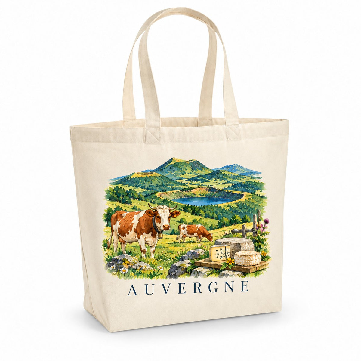 Tote bag Auvergne Premium, cabas à soufflet en coton naturel 200 g/m² de 18 litres, illustration aquarelle des volcans, d'un lac de cratère, des vaches et des fromages