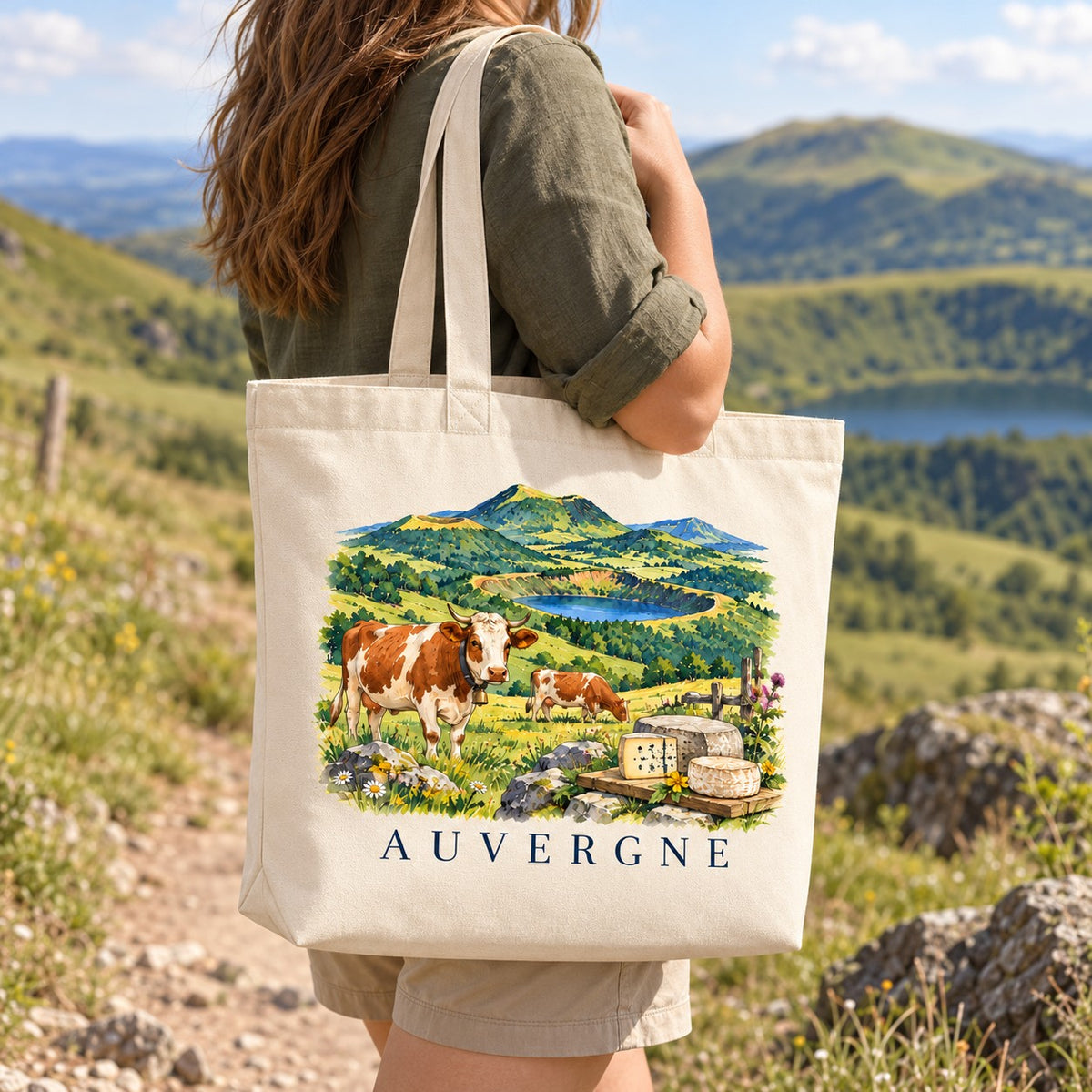 Tote bag Auvergne Premium porté à l'épaule sur un sentier face aux volcans et au lac