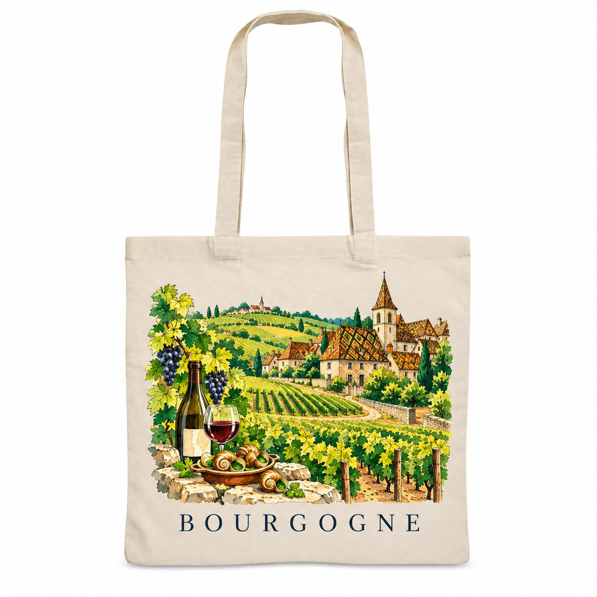 Tote bag Bourgogne Essentiel, sac plat en coton naturel 140 g/m² de 38 × 42 cm, illustration aquarelle des vignes, des toits vernissés, d'un verre de vin rouge et d'escargots