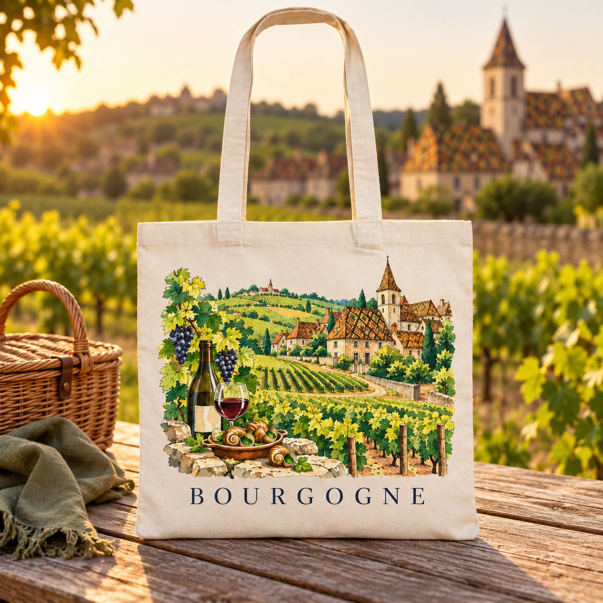 Tote bag Bourgogne Essentiel posé sur une table face aux vignes, au coucher du soleil