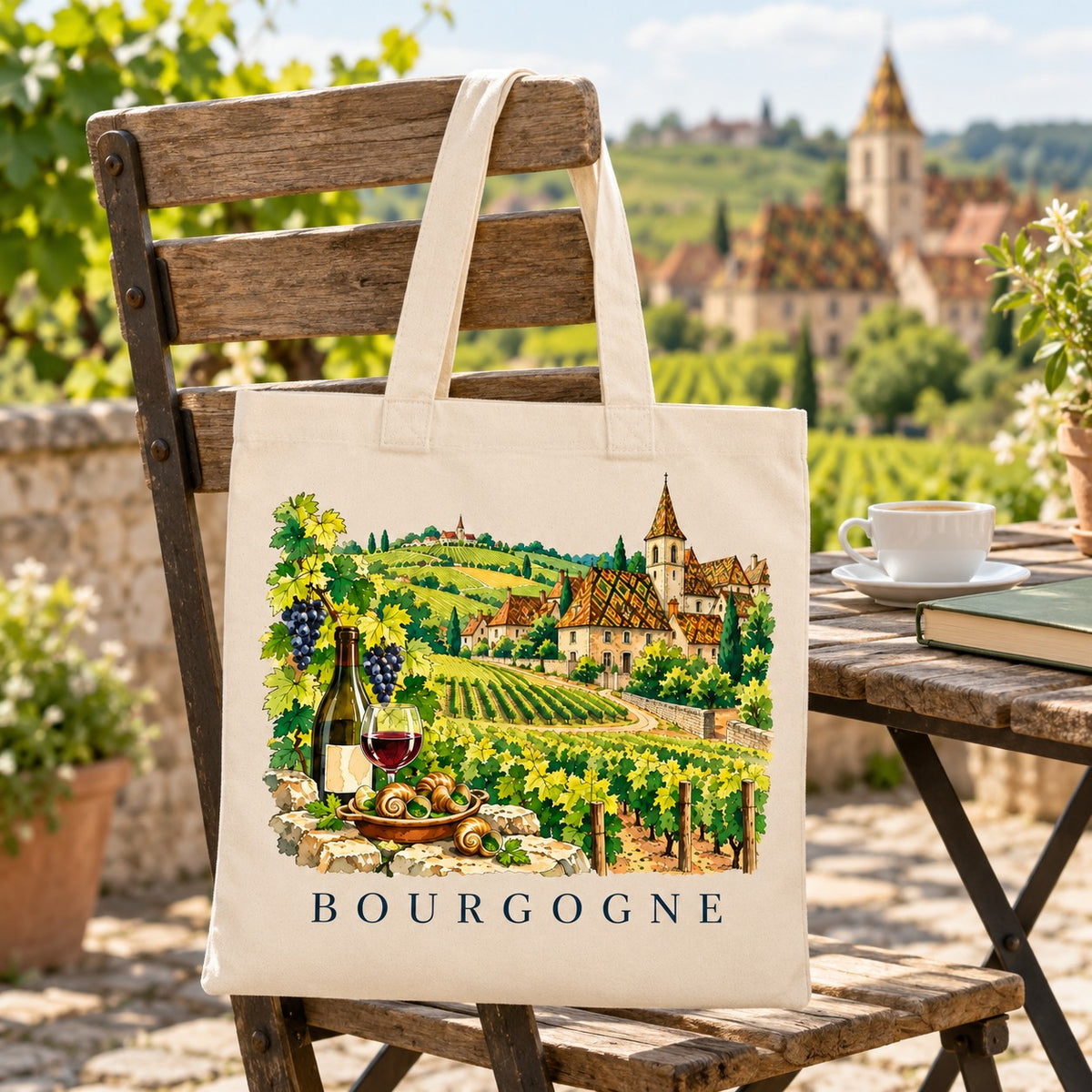 Tote bag Bourgogne Essentiel suspendu à une chaise en terrasse face aux vignes