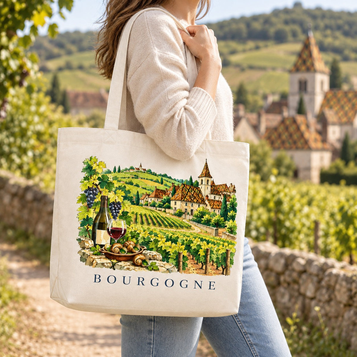 Tote bag Bourgogne Premium porté à l'épaule sur un chemin de vignes