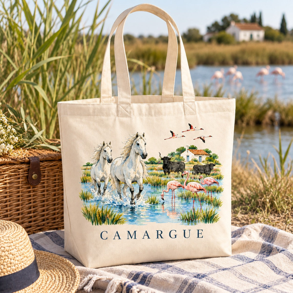 Tote bag Camargue Premium posé sur un plaid au bord d'un étang