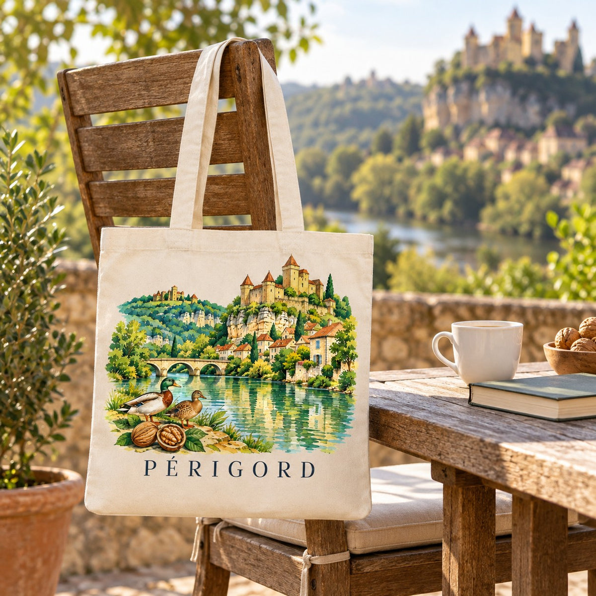Tote bag Périgord Essentiel suspendu à une chaise en terrasse face au château