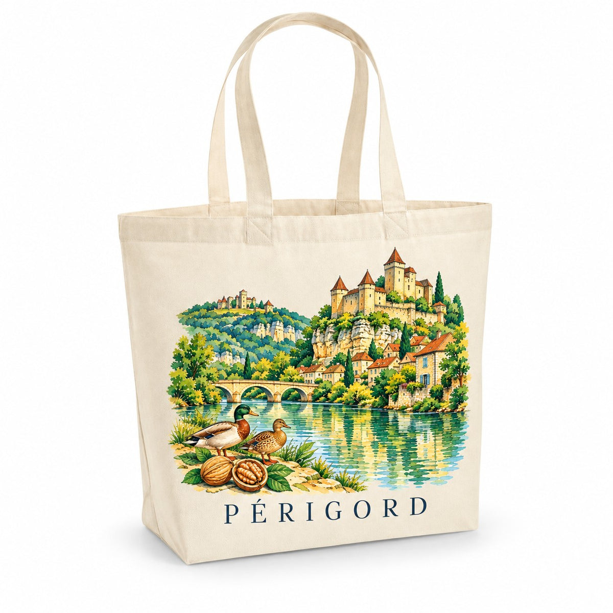 Tote bag Périgord Premium, cabas à soufflet en coton naturel 200 g/m² de 18 litres, illustration aquarelle d'un château perché, d'un village de pierre dorée, de canards et de noix