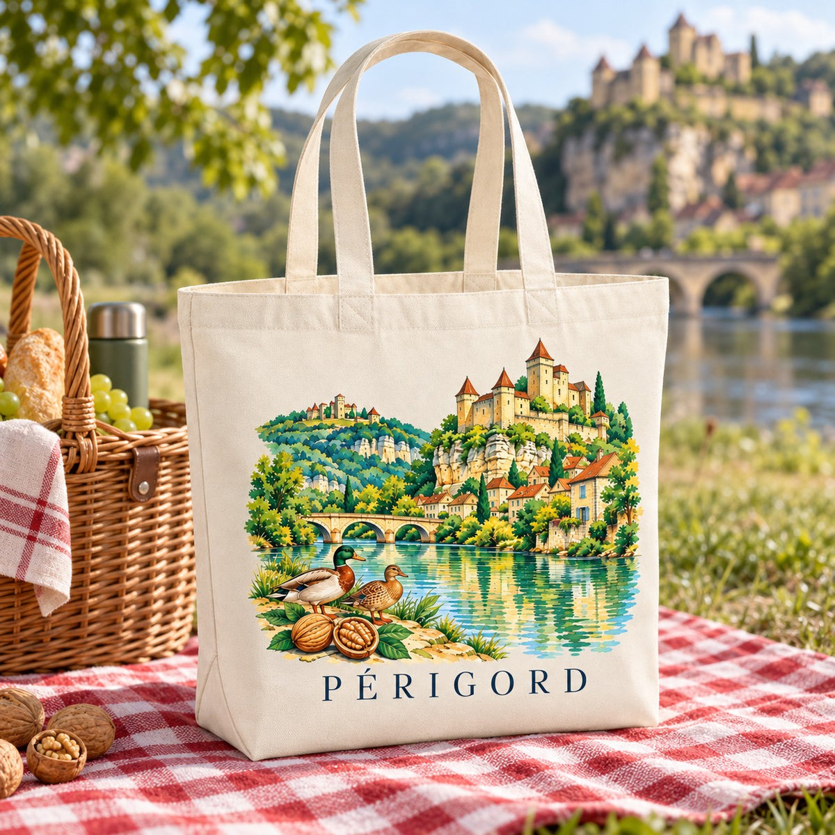 Tote bag Périgord Premium posé sur une nappe vichy, à côté d'un panier de noix