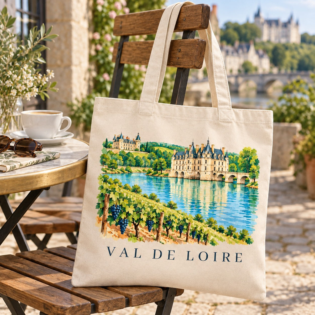 Tote bag Val de Loire Essentiel suspendu à une chaise en terrasse