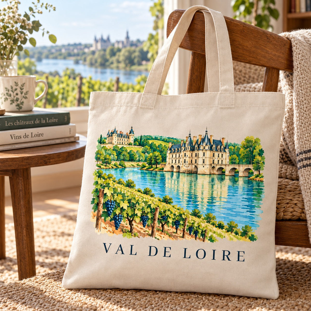 Tote bag Val de Loire Essentiel suspendu à une chaise près d'une fenêtre, avec des livres