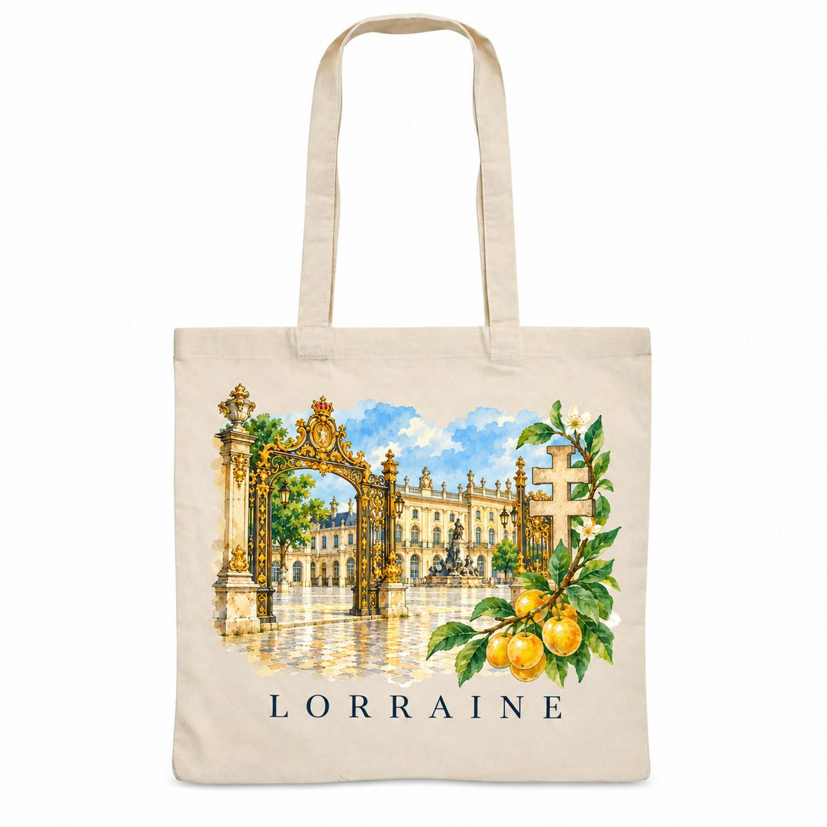 Tote bag Lorraine Essentiel, sac plat en coton naturel 140 g/m² de 38 × 42 cm, illustration aquarelle des grilles dorées d'une place royale, d'une croix de Lorraine et de mirabelles