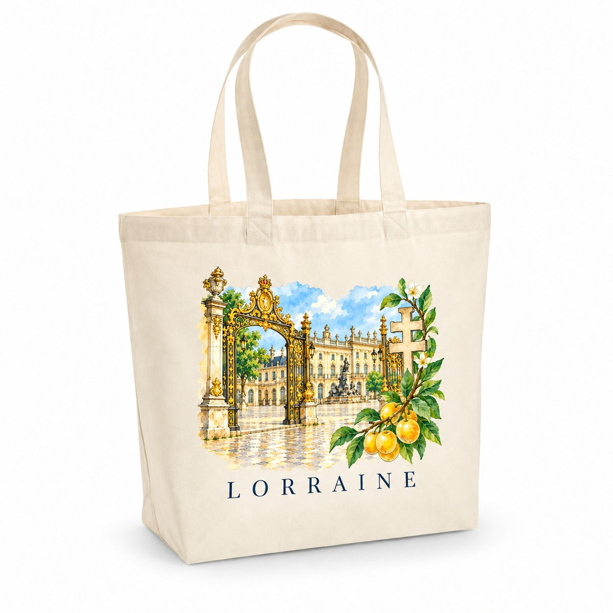 Tote bag Lorraine Premium, cabas à soufflet en coton naturel 200 g/m² de 18 litres, illustration aquarelle des grilles dorées d'une place royale, d'une croix de Lorraine et de mirabelles