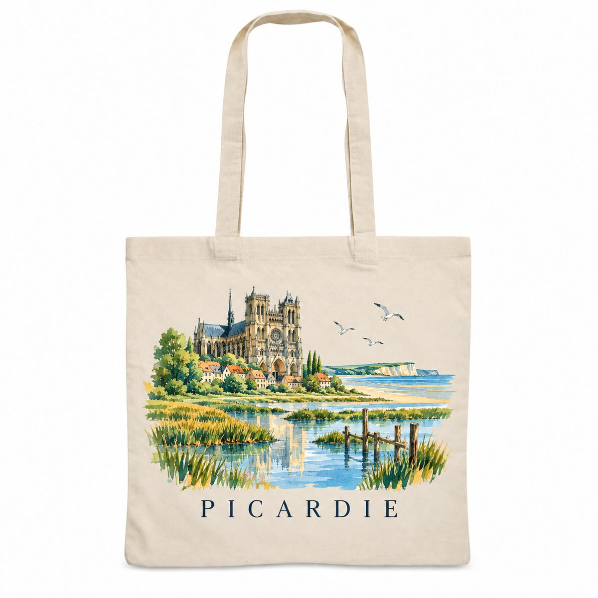 Tote bag Picardie Essentiel, sac plat en coton naturel 140 g/m² de 38 × 42 cm, illustration aquarelle d'une cathédrale gothique, des marais et de la baie