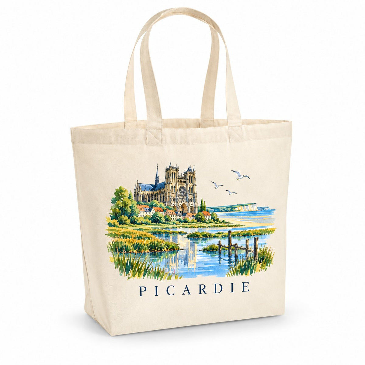 Tote bag Picardie Premium, cabas à soufflet en coton naturel 200 g/m² de 18 litres, illustration aquarelle d'une cathédrale gothique, des marais et de la baie