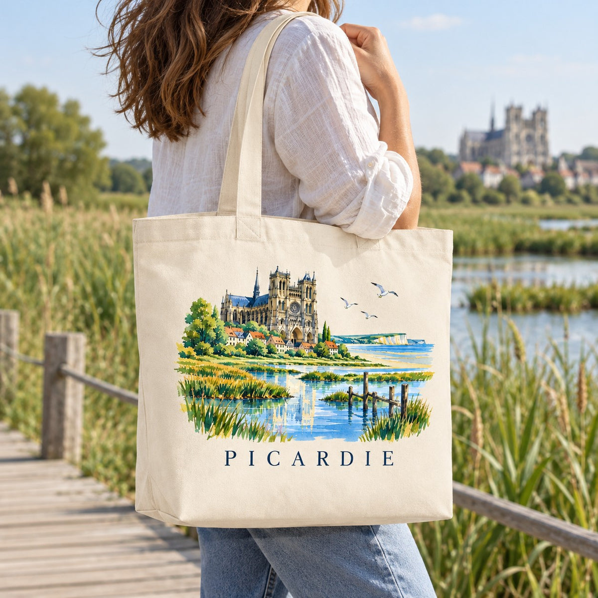Tote bag Picardie Premium porté à l'épaule sur un ponton au bord des marais