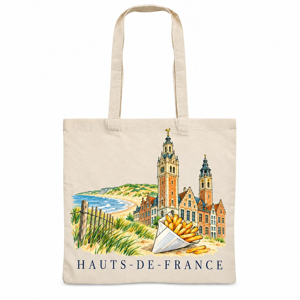 Tote bag Hauts-de-France Essentiel, sac plat en coton naturel 140 g/m² de 38 × 42 cm, illustration aquarelle d'un beffroi, des façades flamandes, des dunes et d'un cornet de frites